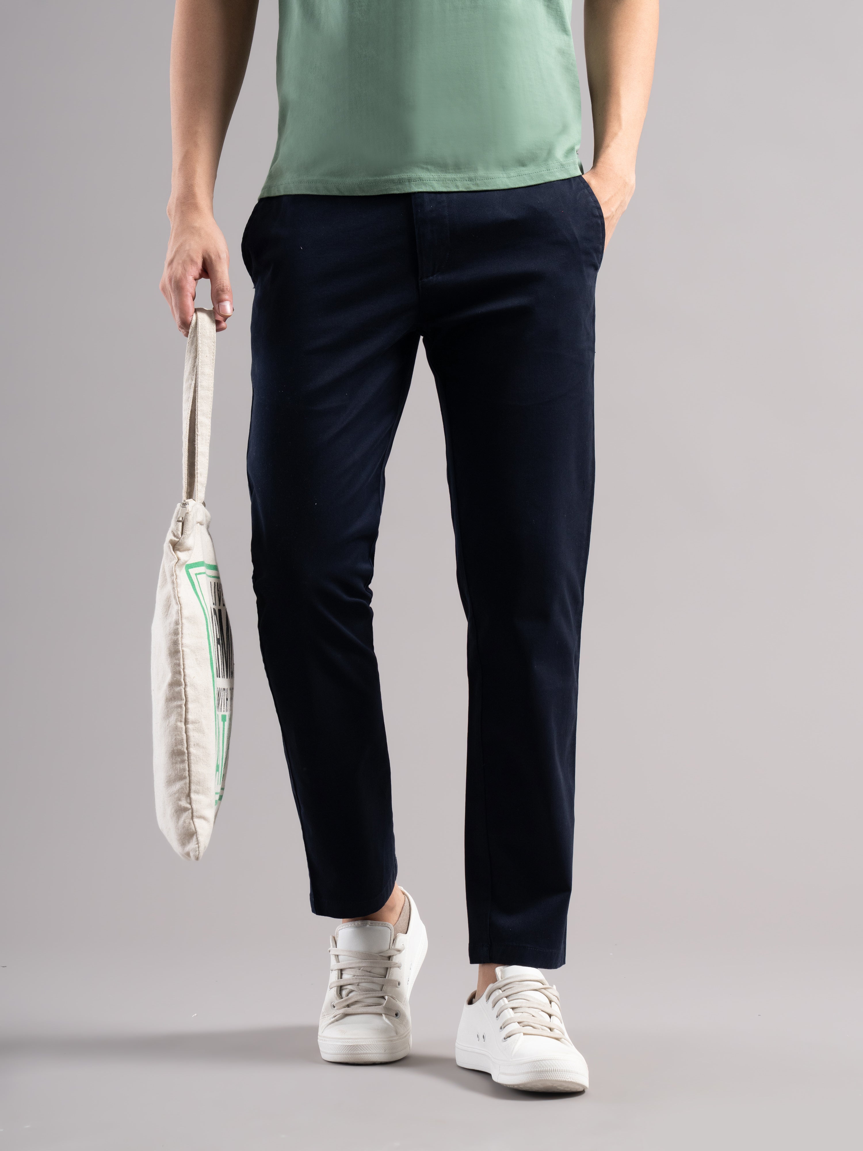 Men Blue Elastic Drawstring Trousers