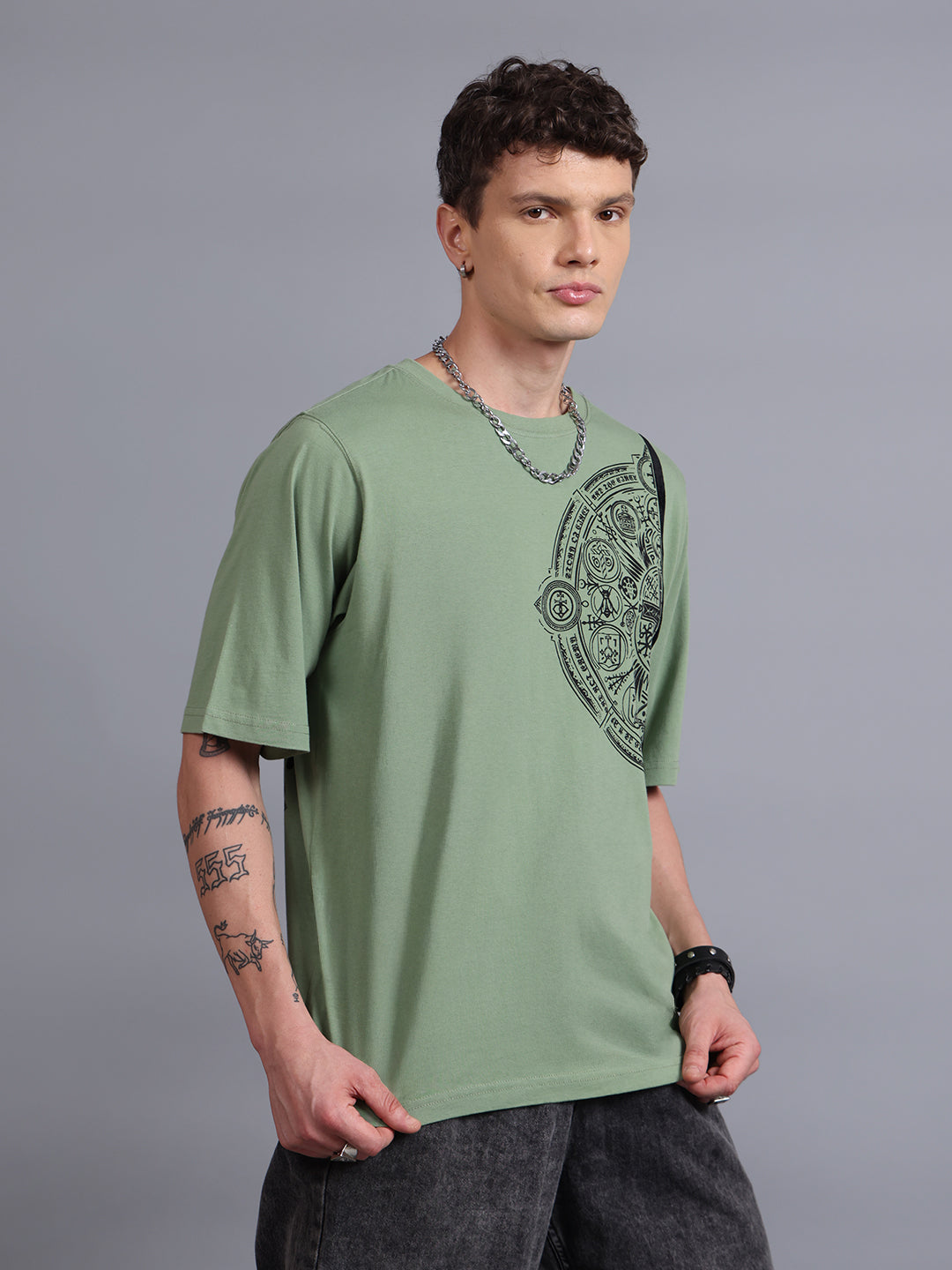 Men Olive Cotton Oversized T-Shirt