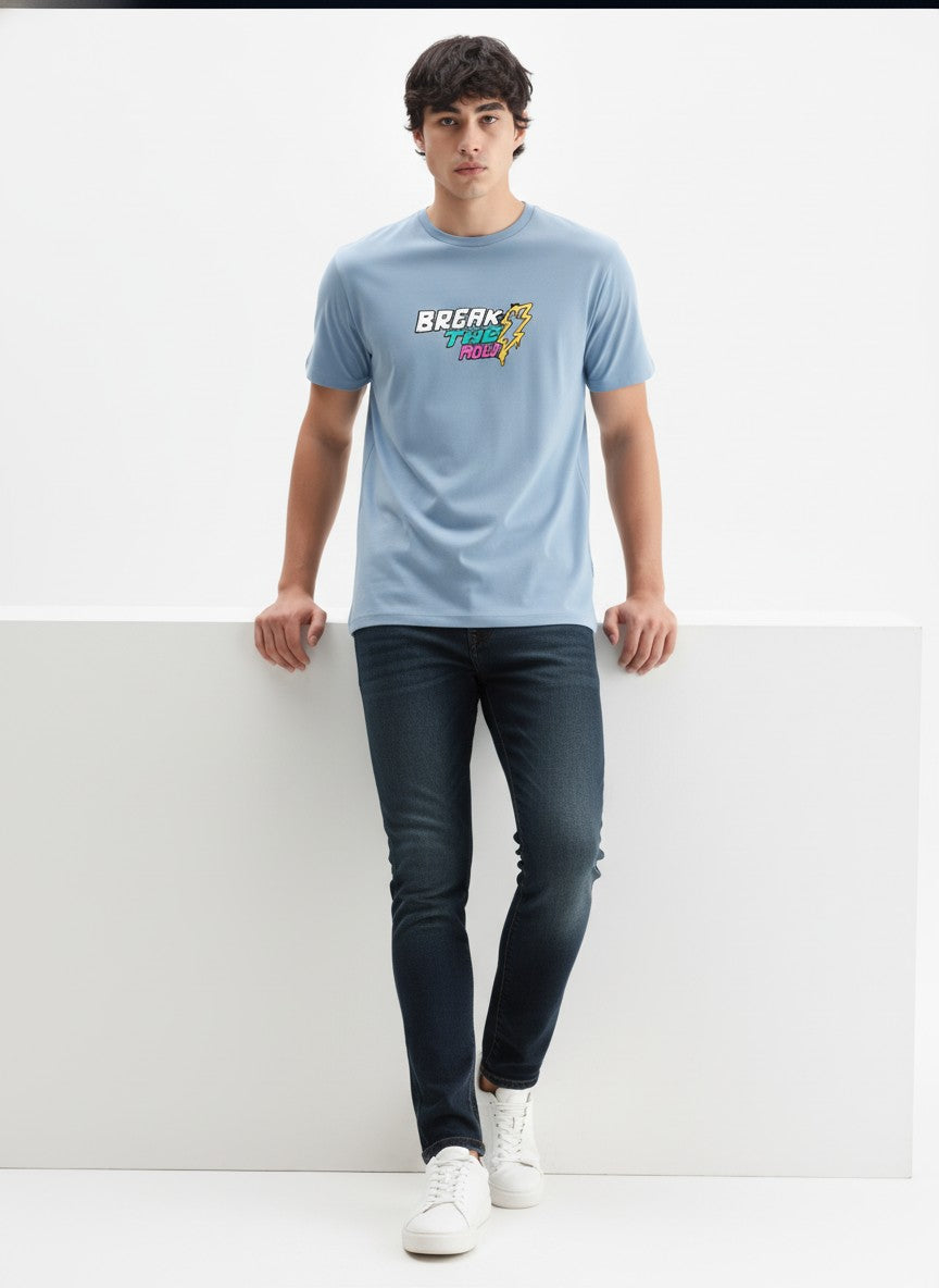 Men Cotton Ice Blue T-Shirt