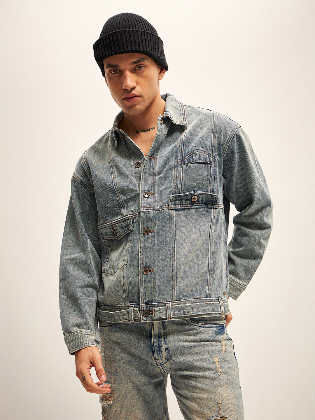 Men Light Blue Wash Regular Fit Denim Jacket