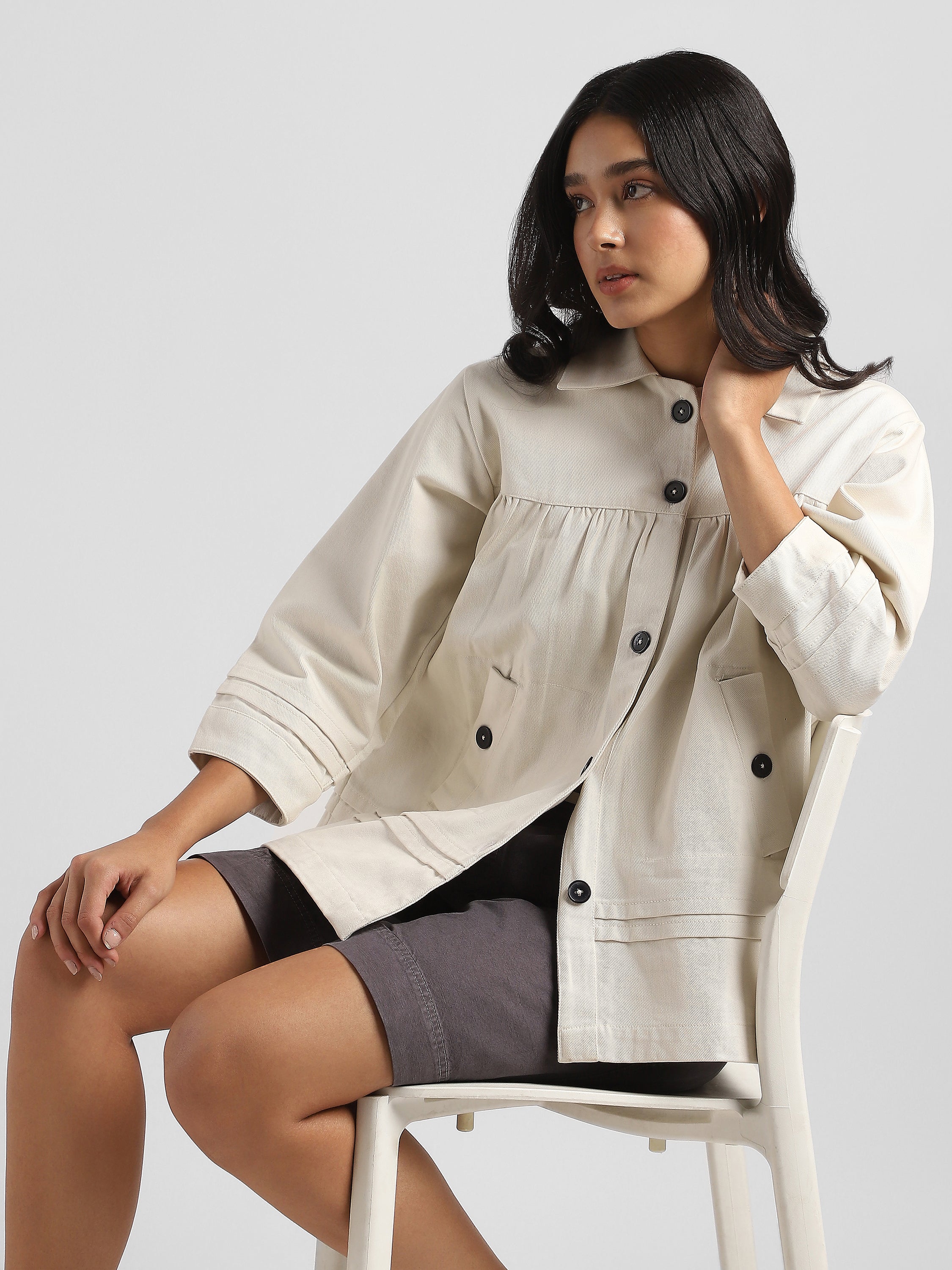 Women Beige Pleated Relaxed Jacket