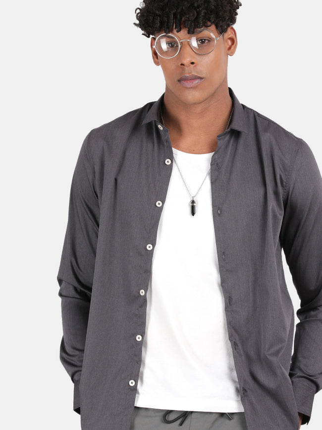 Men Charcoal Slim Fit Spread Collar Full Sleeve Casual Shirt
