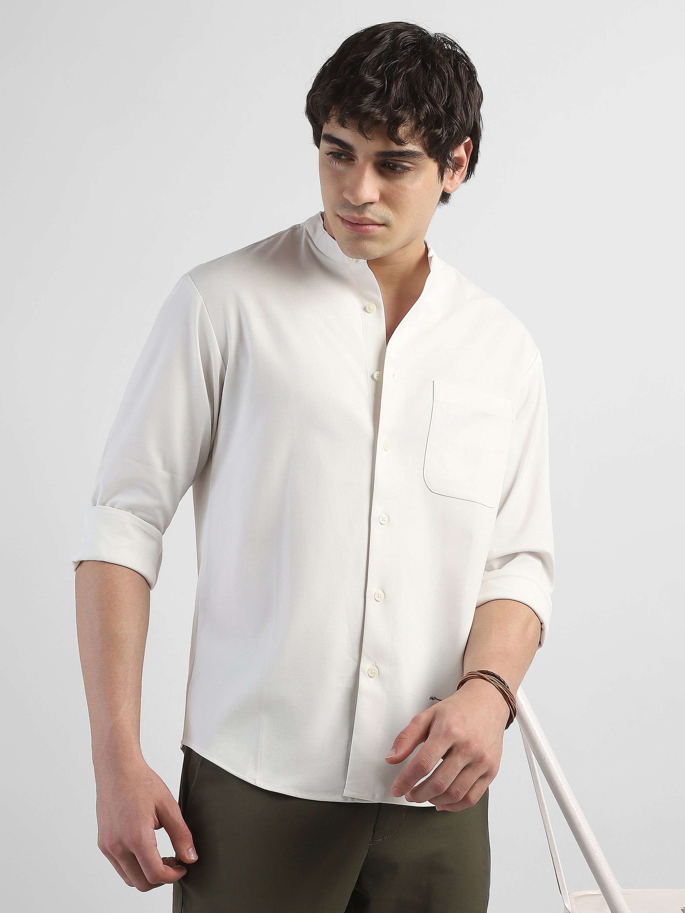 Men White Mandarin Collar Regular Fit Shirt