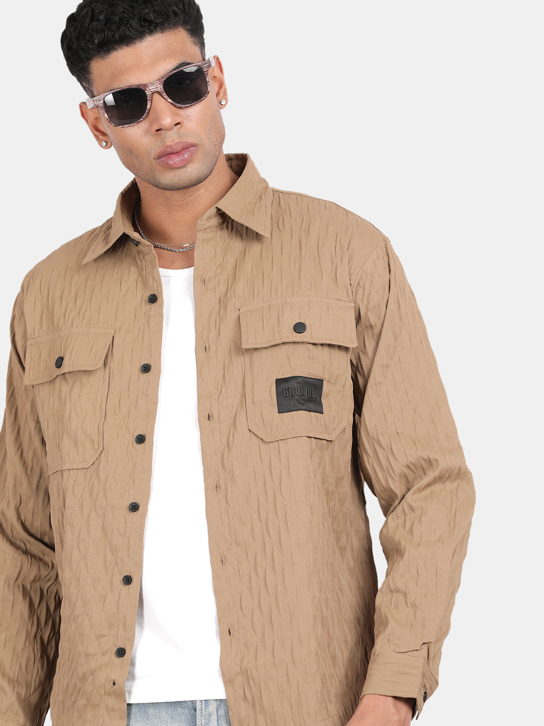 Men Brown Slim Fit Spread Collar Full Sleeve Casual Shirt