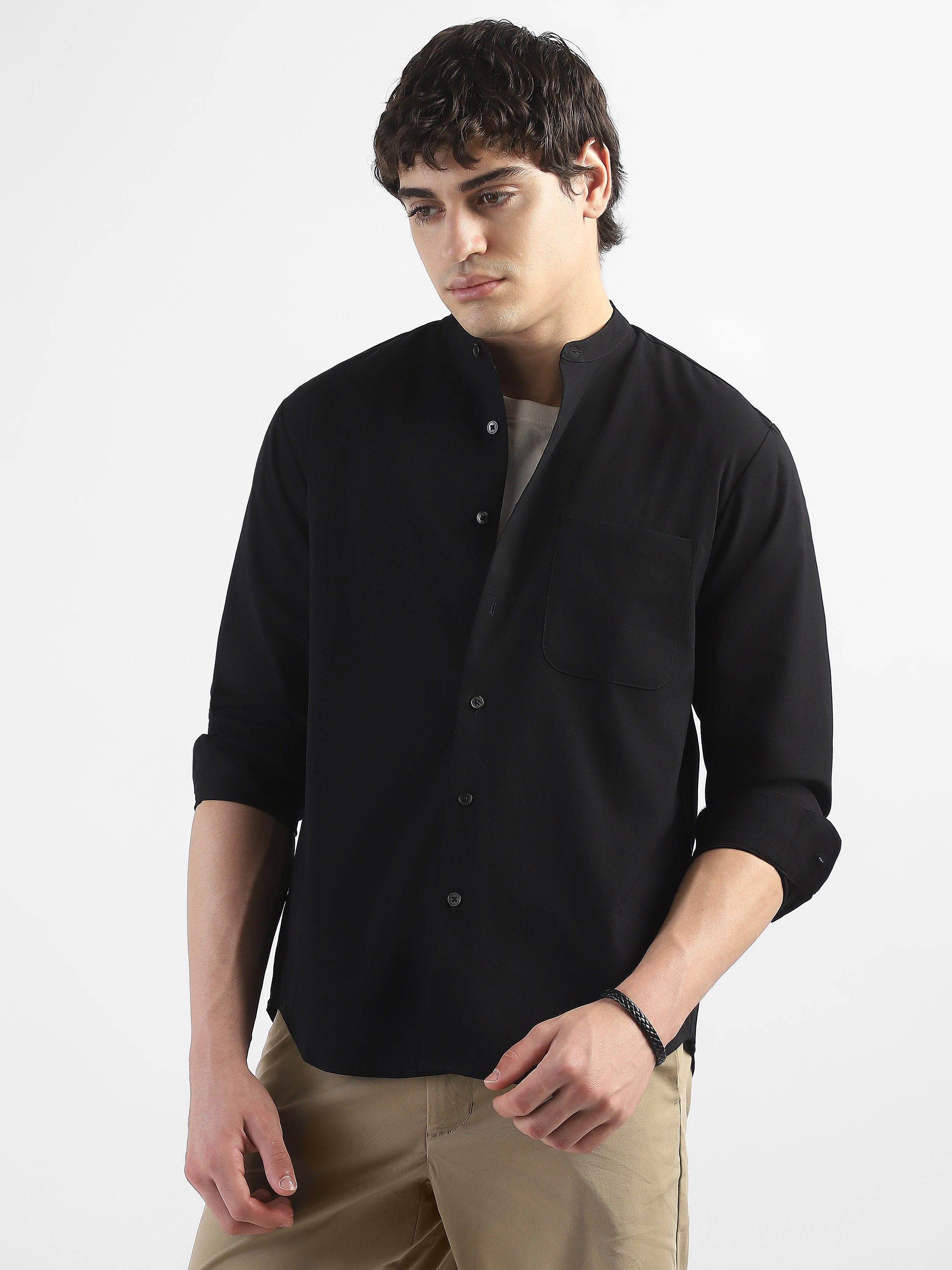 Men Black Mandarin Collar Regular Fit Shirt