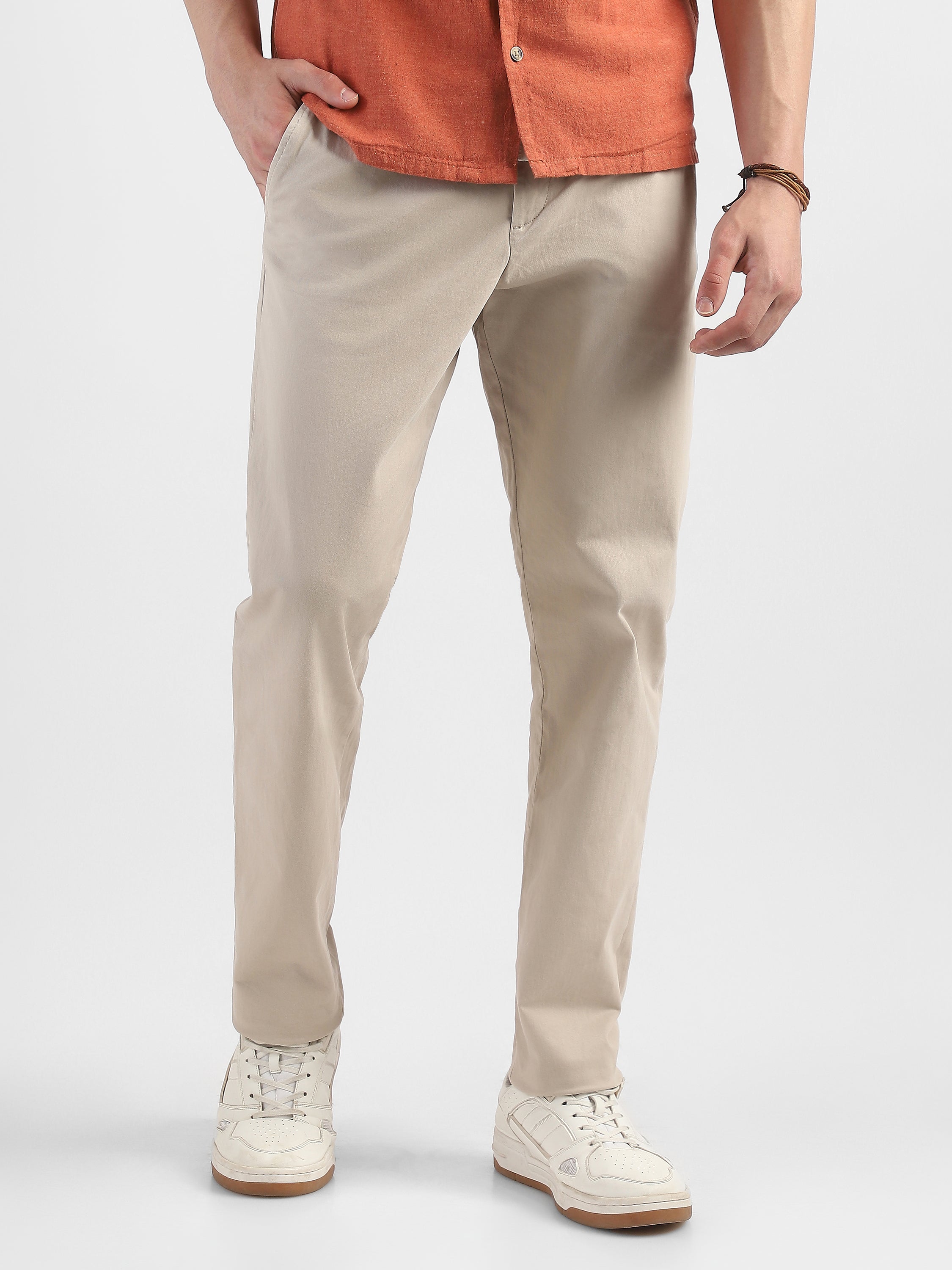 Men Beige Mid Rise Formal Trousers