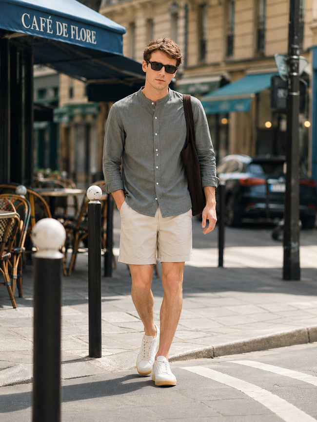 Men Olive Linen Band Collar Shirt