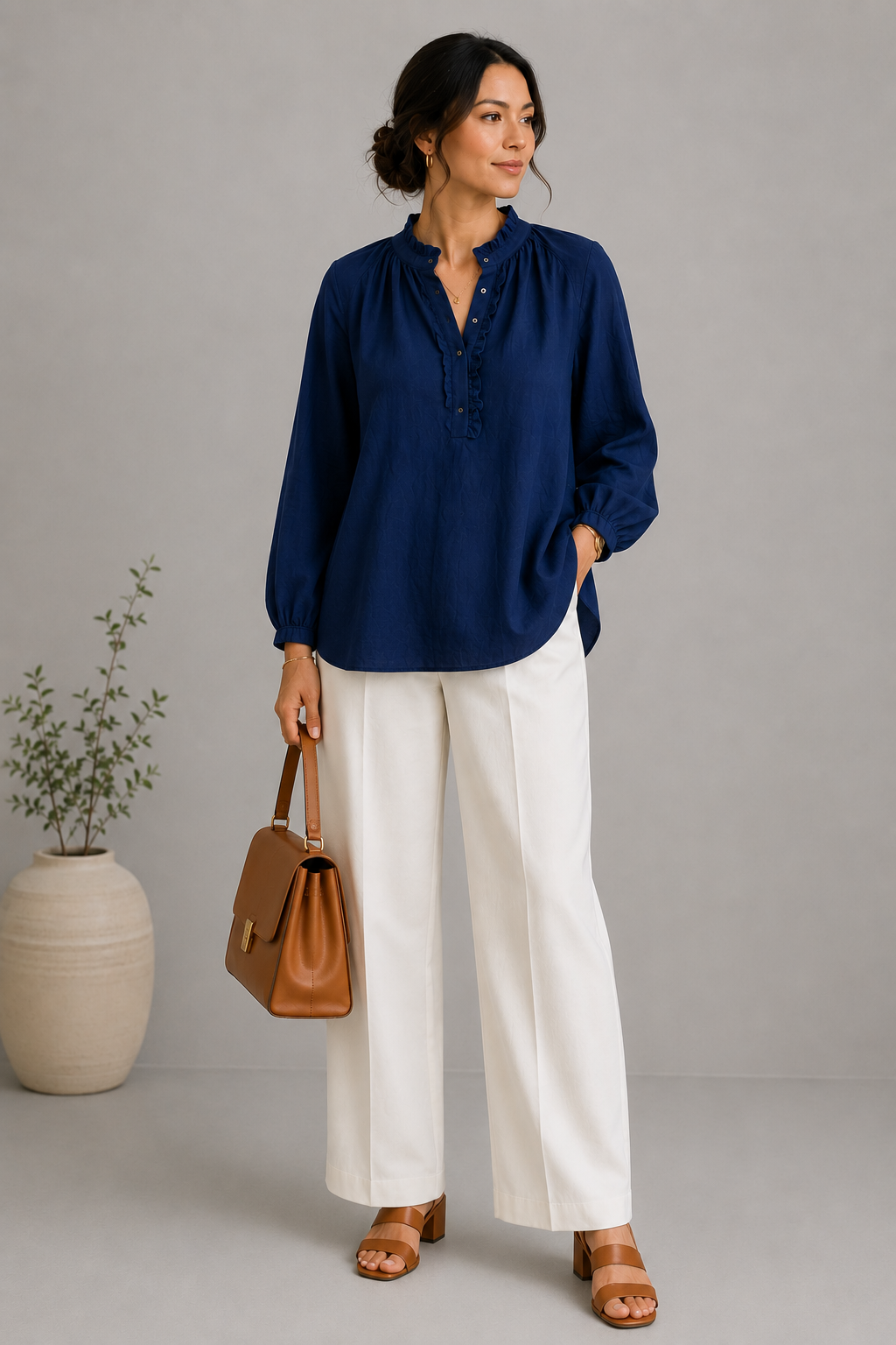 Women Navy Frilled Double Gauze Top
