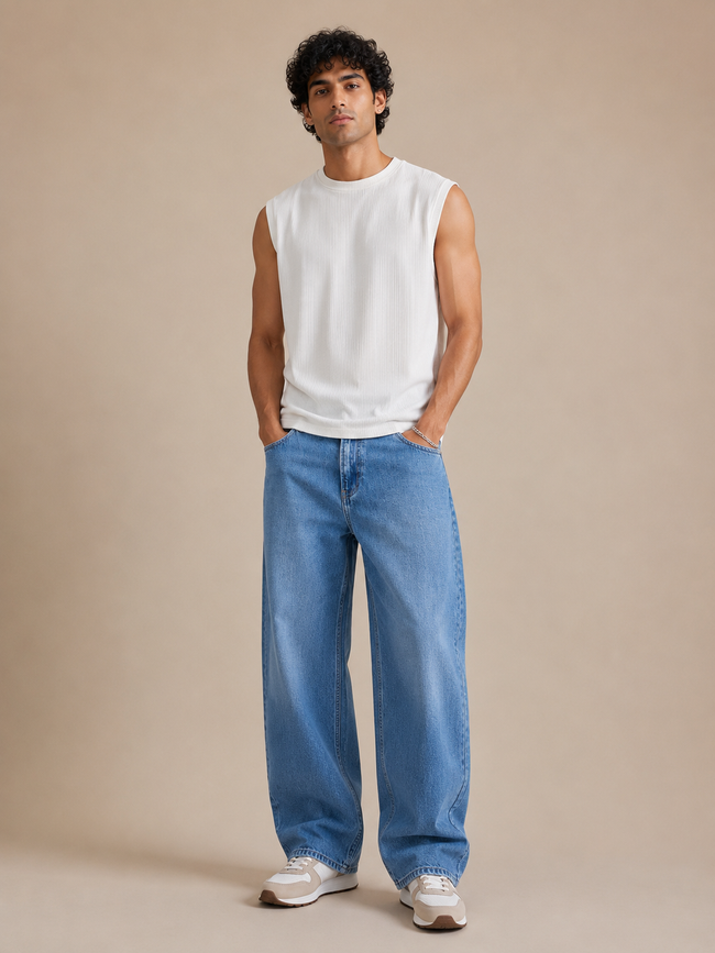 Men Blue Wide Leg Baggy Jeans