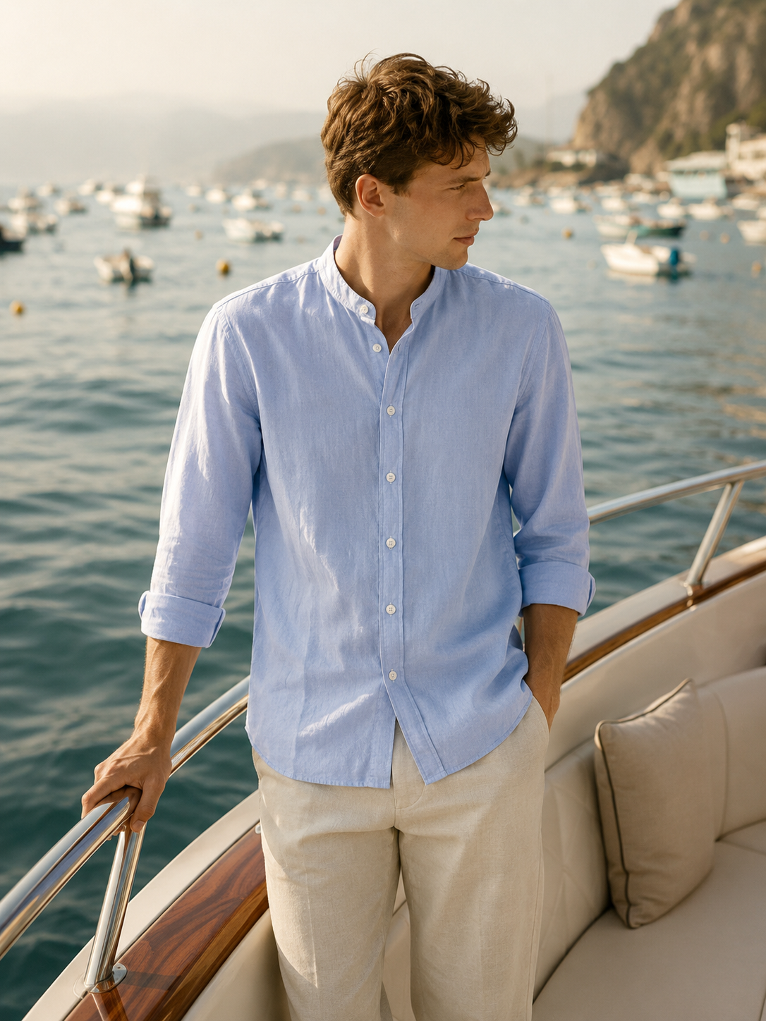 Men Light Blue Linen Band Collar Shirt