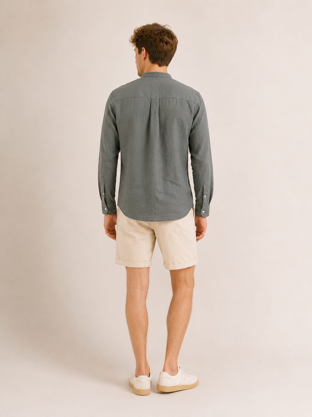 Men Olive Linen Band Collar Shirt