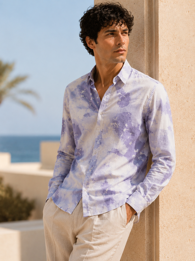 Men Purple Watercolor Print Shirt