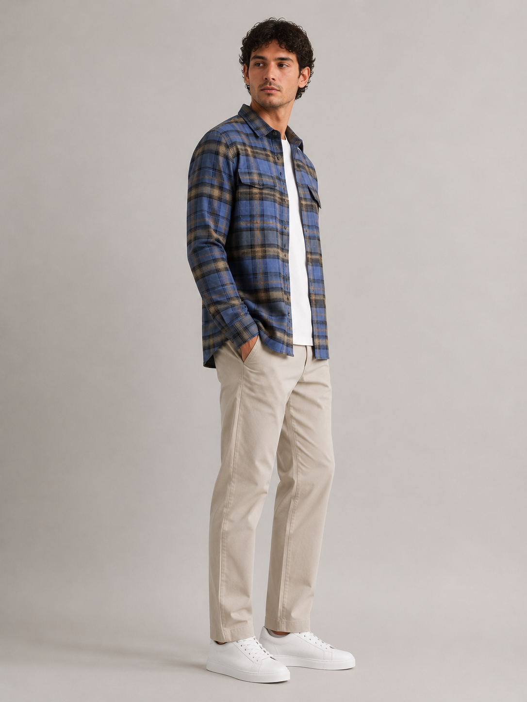 Men Blue Vintage Plaid Shirt