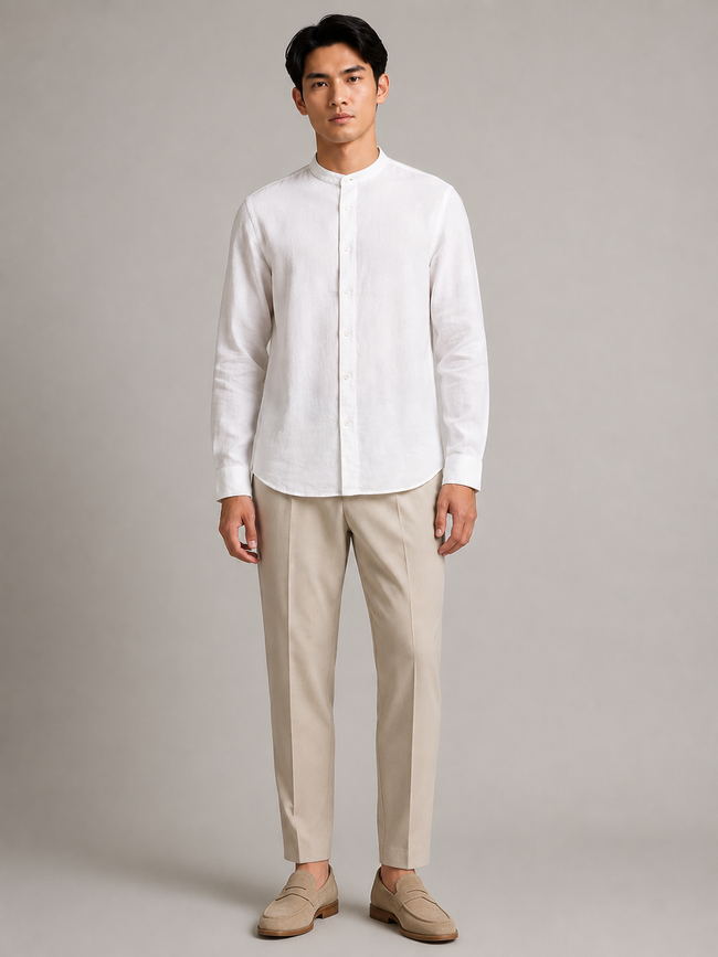 Men White Linen Essential Mandarin Shirt