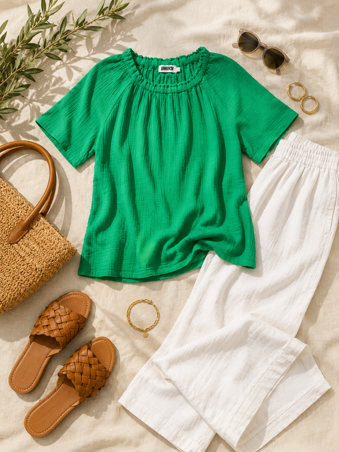 Women Green Gathered Neck Top