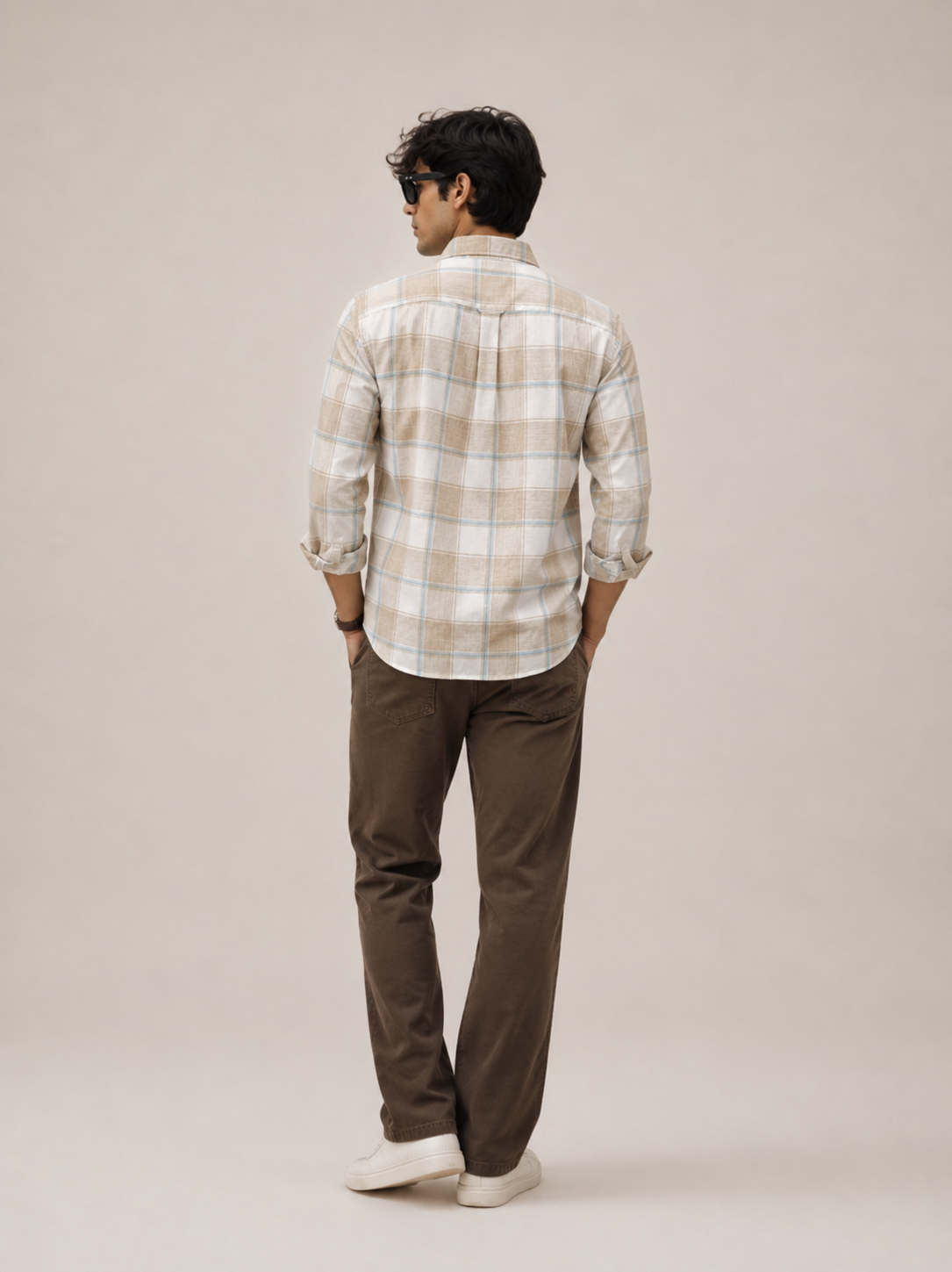 Men Beige Plaid Checked Long Sleeve Shirt