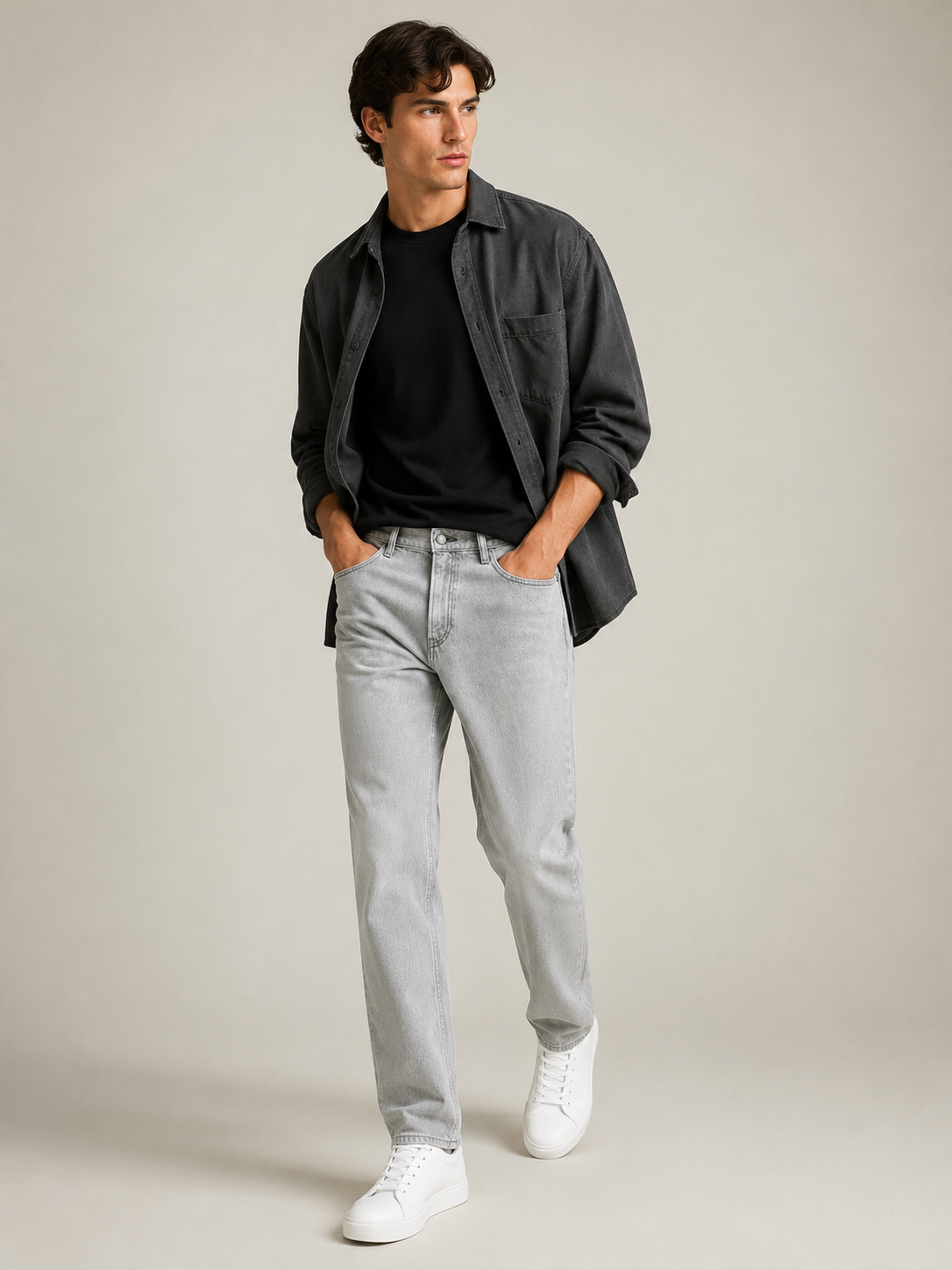 Men Light Grey Wide Leg Baggy Jeans