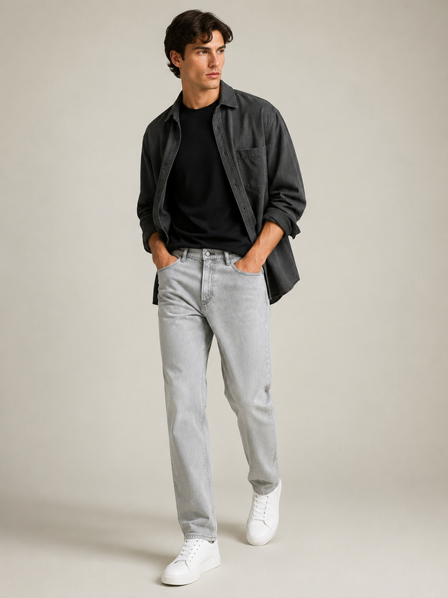 Men Light Grey Wide Leg Baggy Jeans
