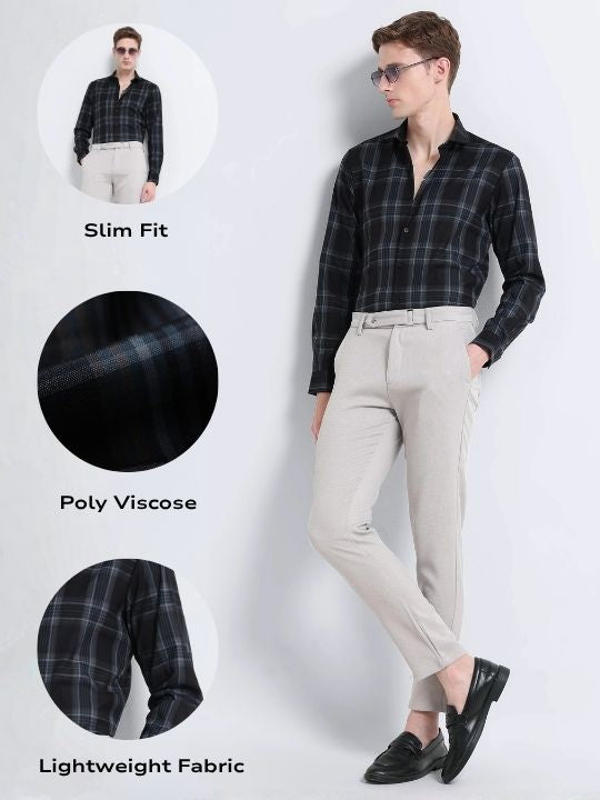 Men Navy Checked Slim Fit Shirt