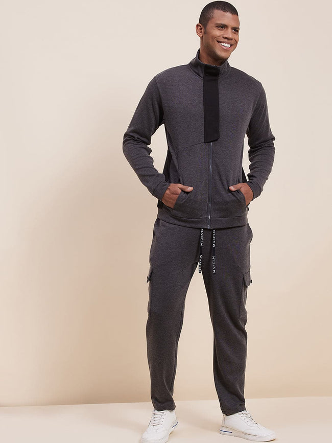 Men Grey Melange High Neck Contrast Flap Jacket