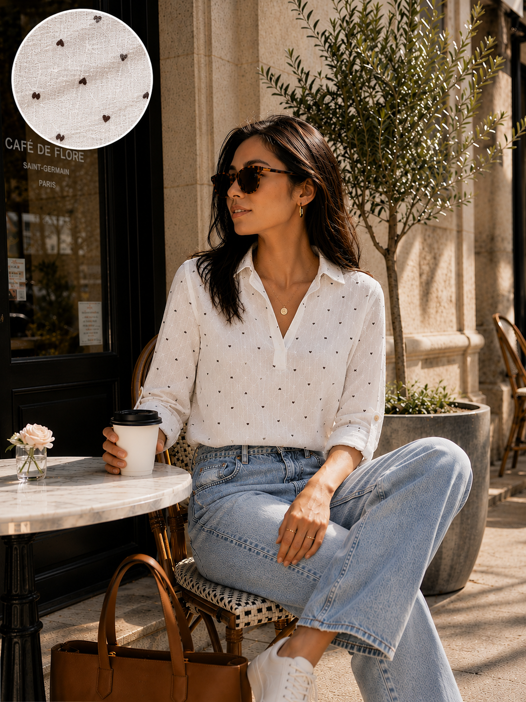 Women White Heart Printed Double Gauze Top