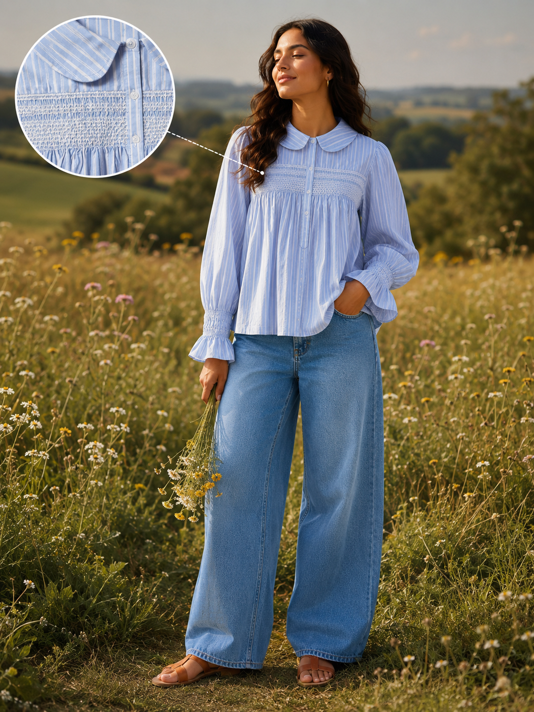 Women Blue Peter Pan Collar Top