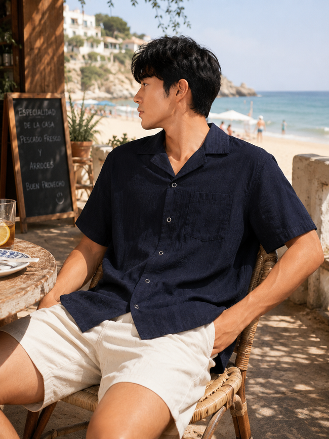 Men Black Resort-Fit Camp Collar Shirt