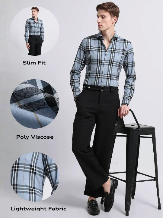 Men Blue Checked Slim Fit Shirt