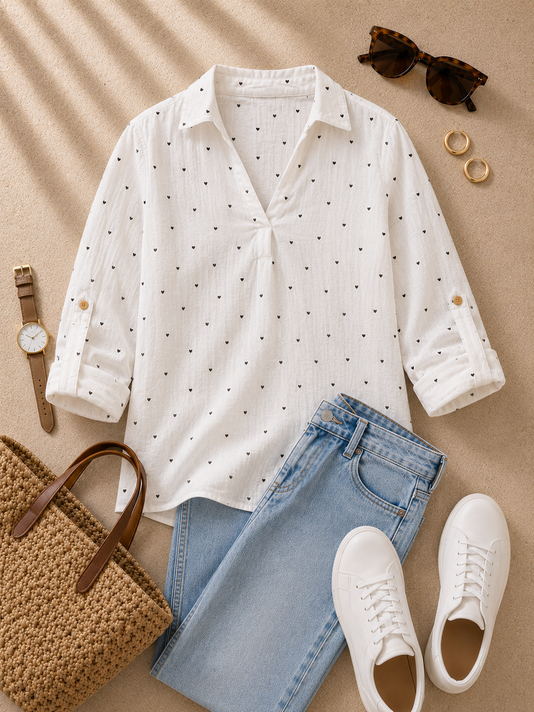 Women White Heart Printed Double Gauze Top
