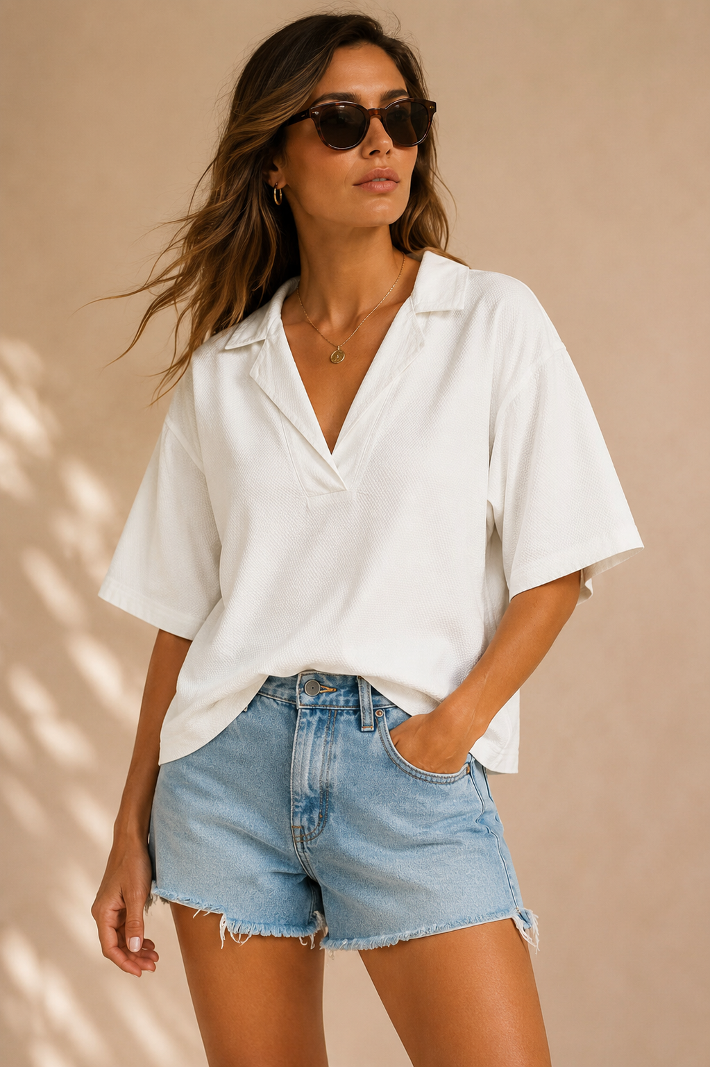 Women White Resort Collar Top