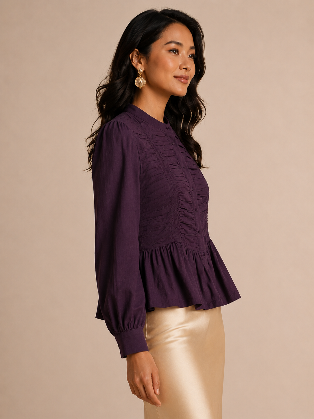 Women Violet Ruffle Front Peplum Top