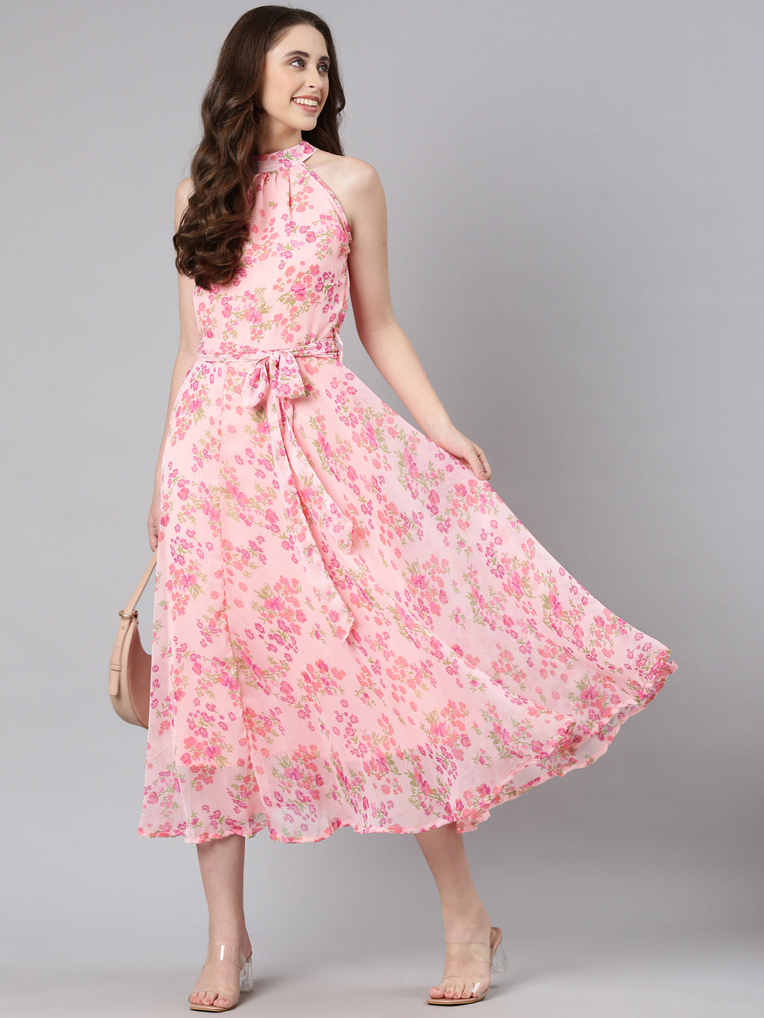 Women Pink Floral Chiffon Dress