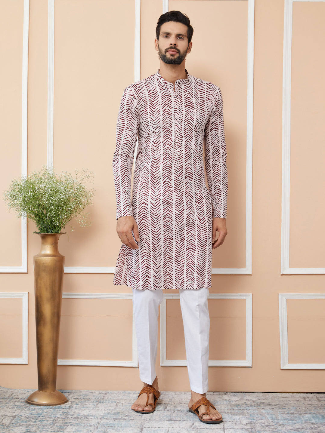 Men Baby Pink-Brown Printed Pure Cotton Straight Kurta