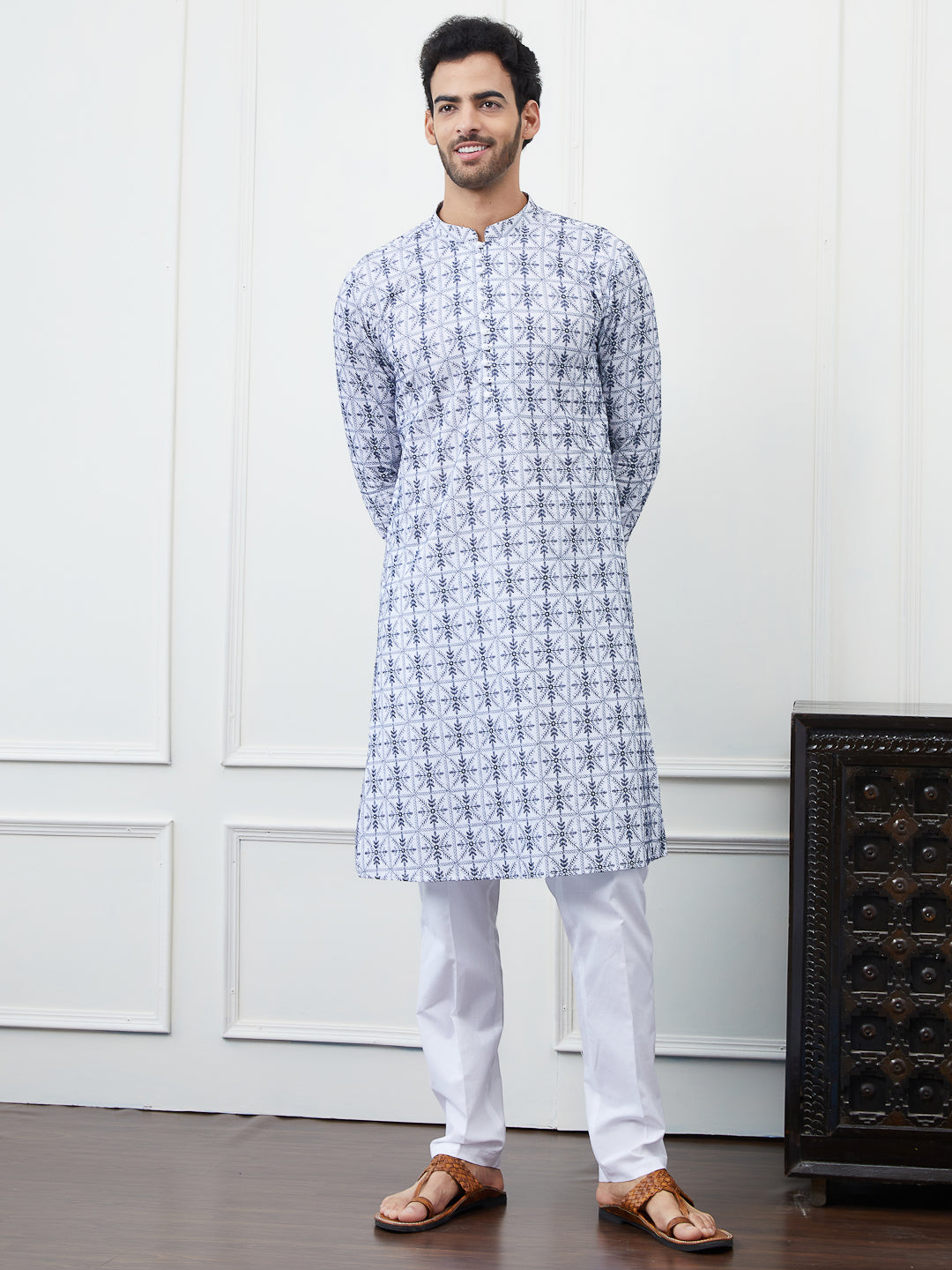 Men Blue Chikankari Embroidered Cotton Kurta