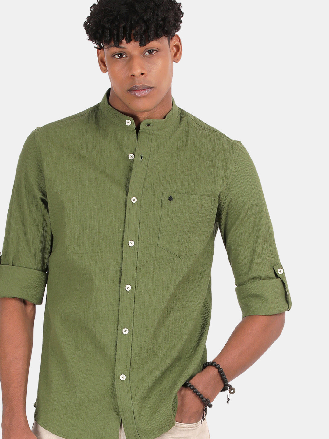 Men Green Slim Fit Mandarin Collar Full Sleeve Casual Shirt
