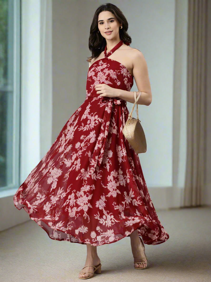 Women Maroon Floral Chiffon Dress