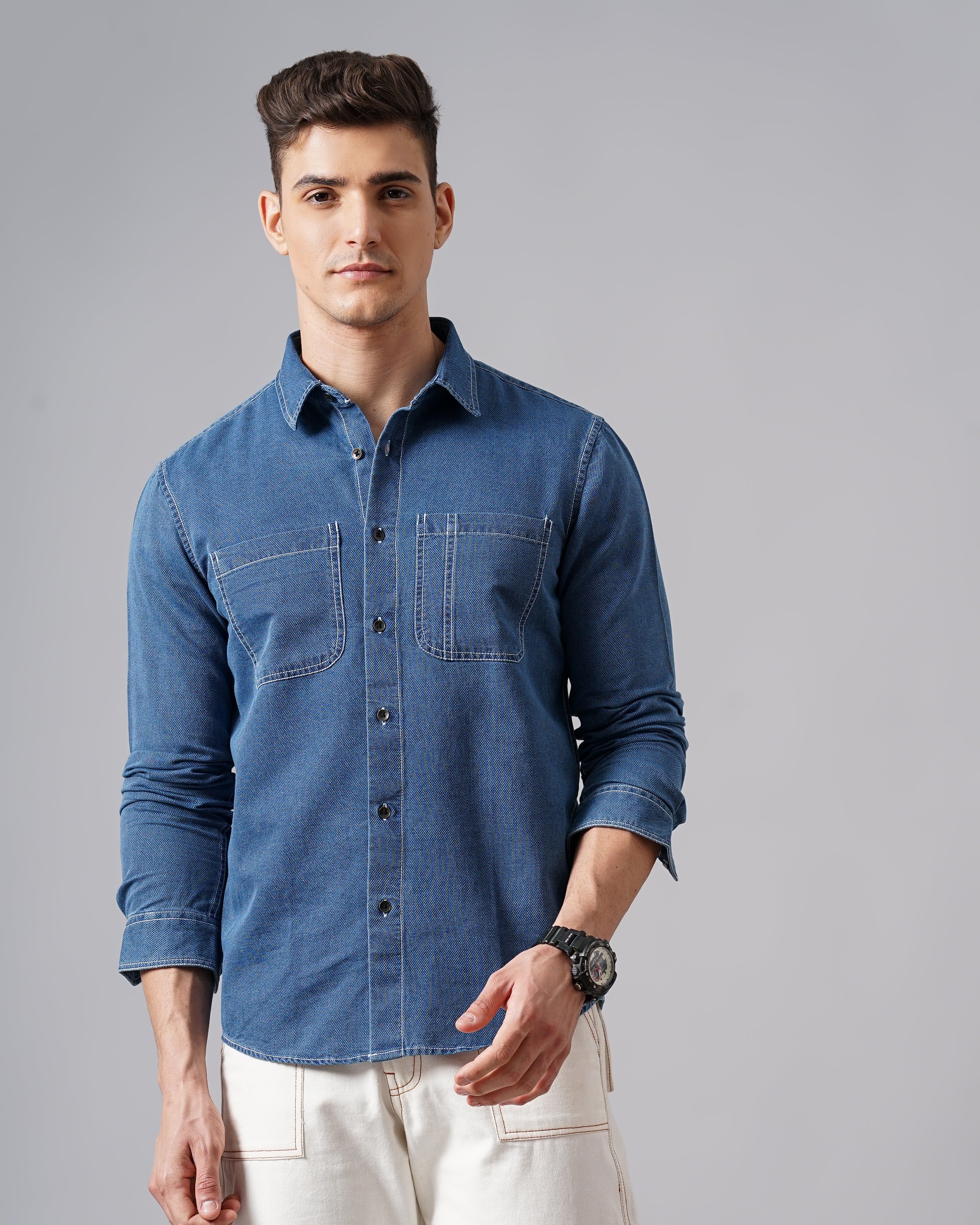 Men Blue Cotton Slim Shirt