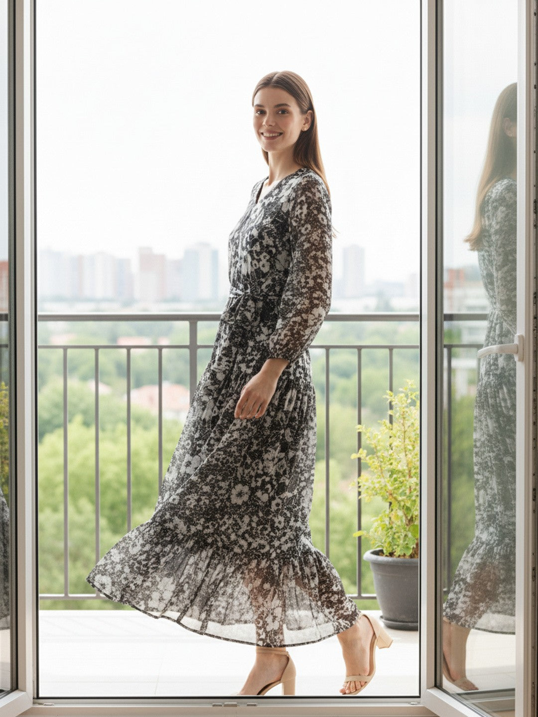 Women Floral Chiffon Flared Midi Dress