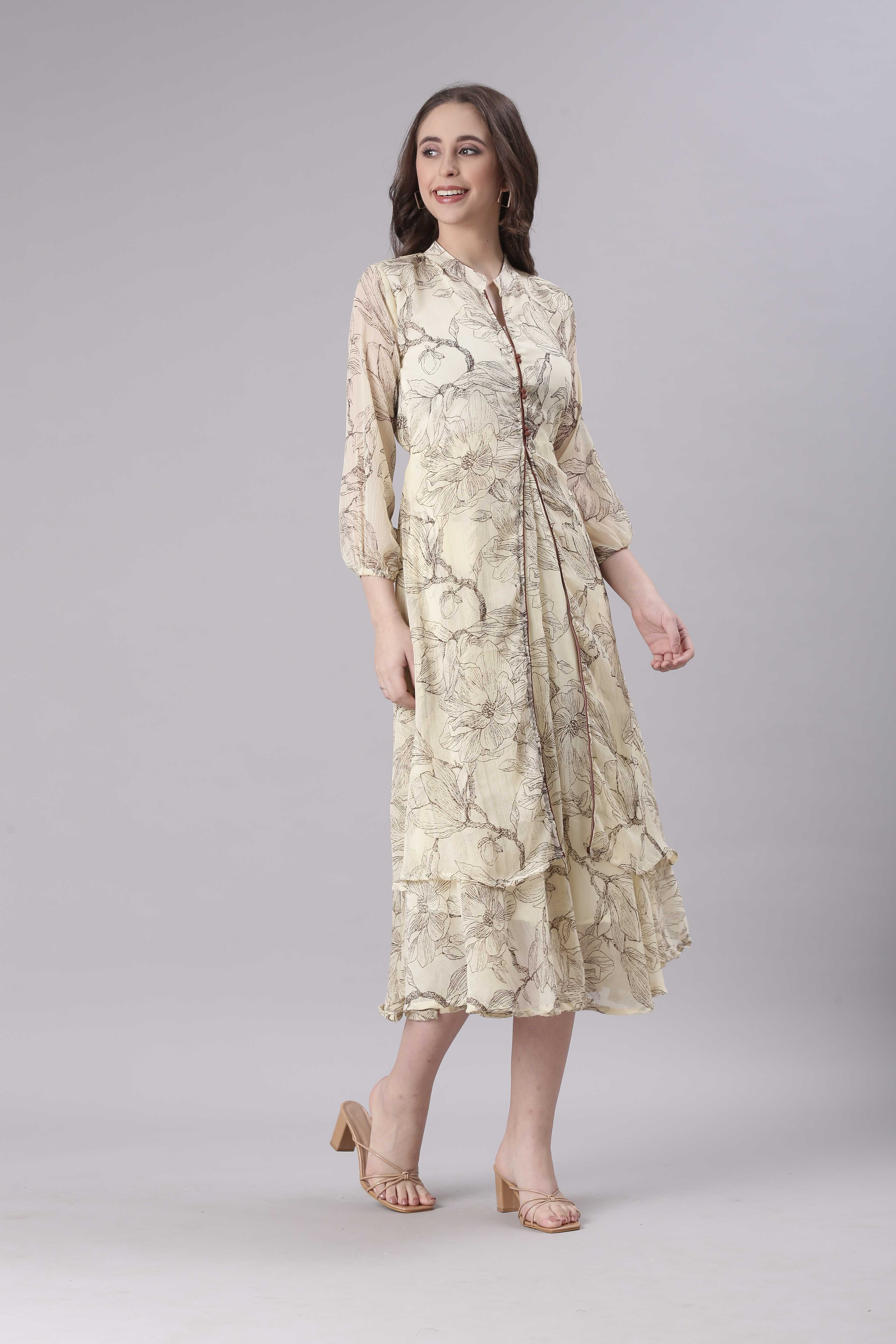Women Cream Floral Tiered Midi Dress
