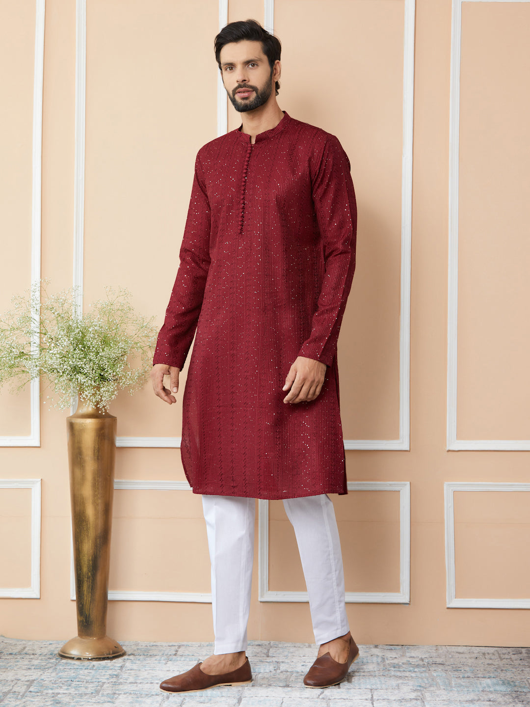 Men Dark Maroon Embroidered Thread Work Sequinned Chanderi Silk Straight Kurta