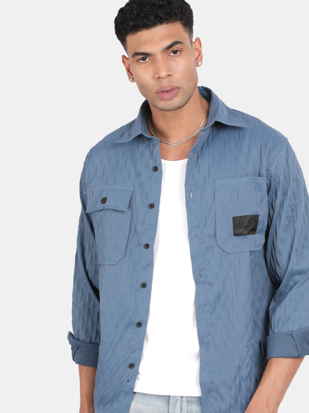 Men Blue Slim Fit Spread Collar Full Sleeve Casual Shirt