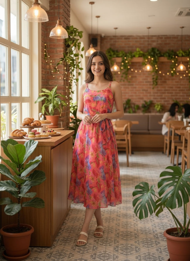 Women Floral Chiffon Midi Dress