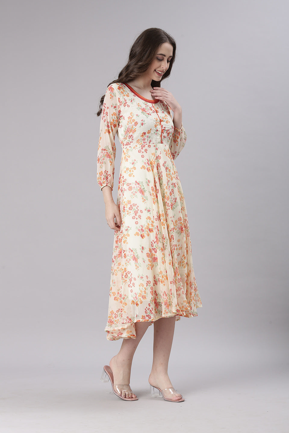 Women Cream Floral Printed Fit & Flare Dress
