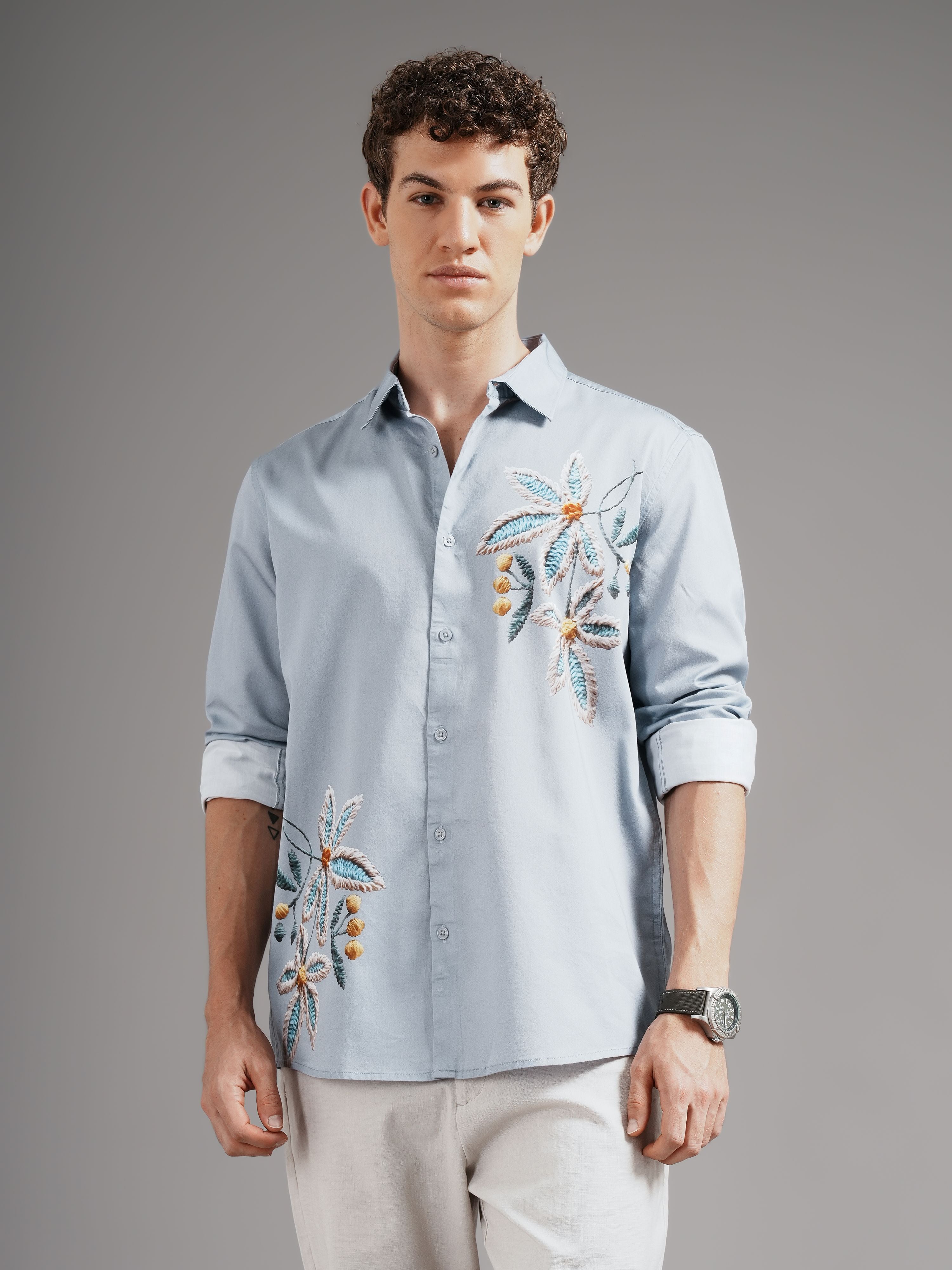 Men Grey Casual Printed Shirt