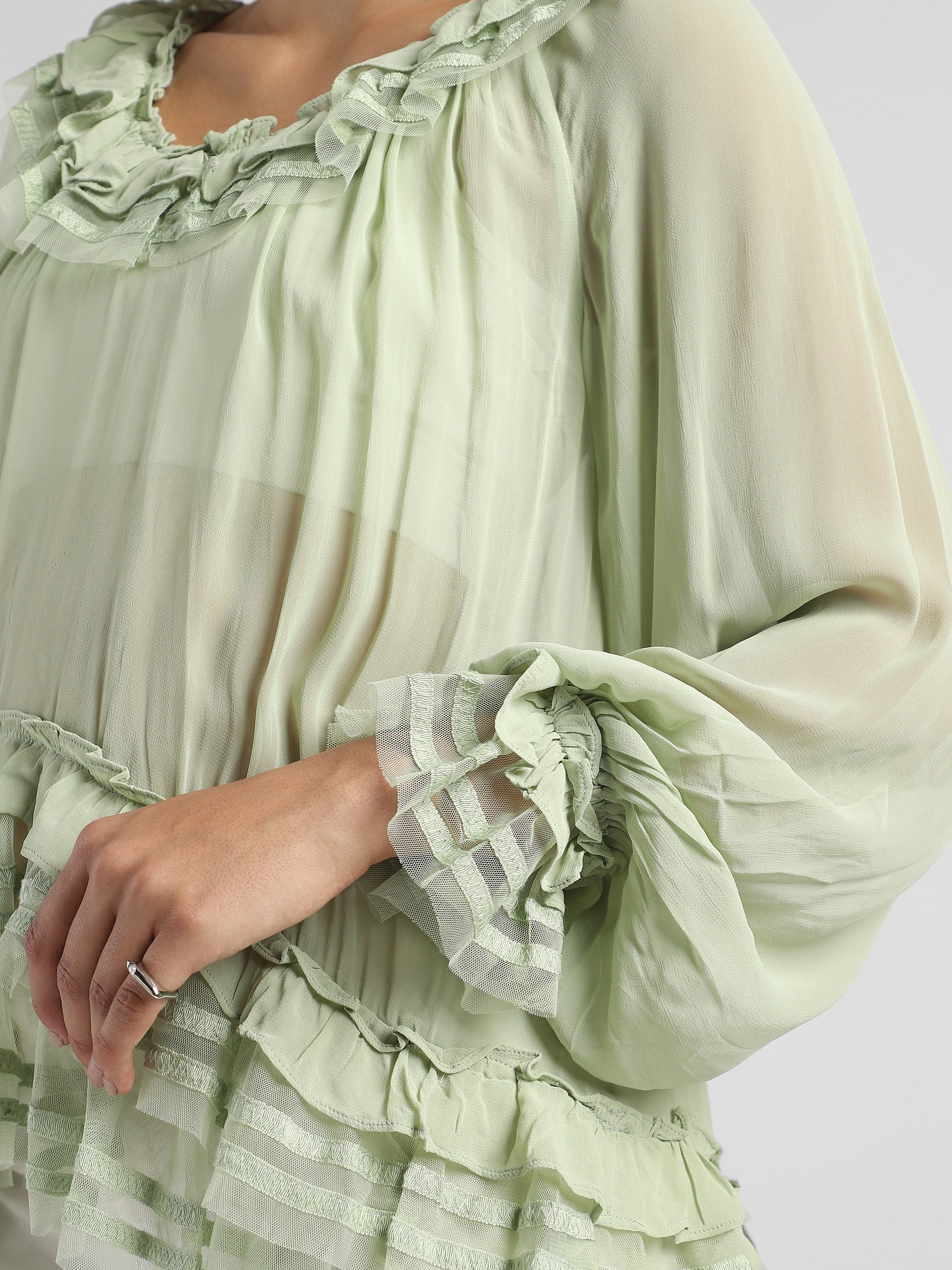 Women Green Frilled high low hem top