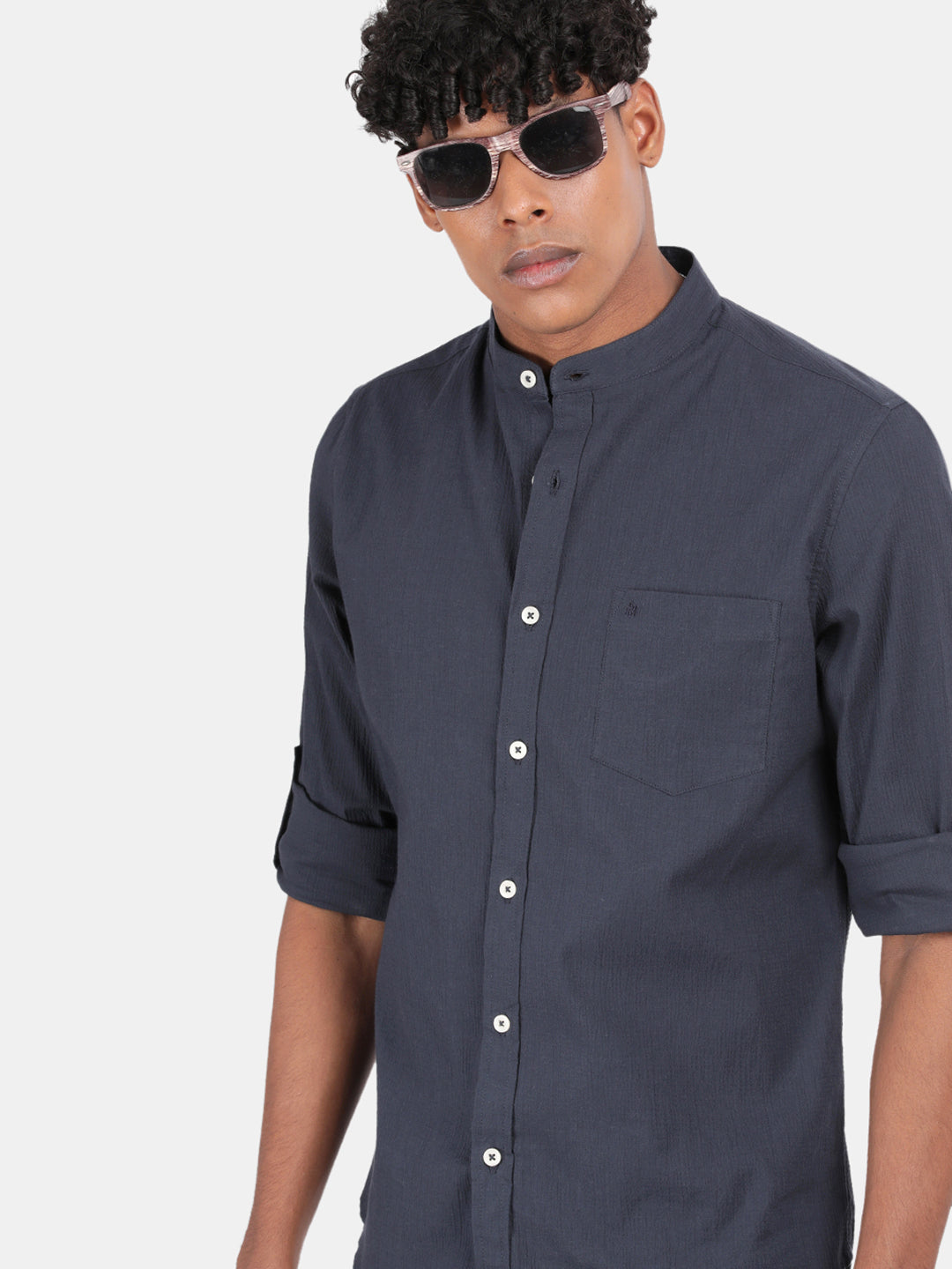 Men Blue Slim Fit Mandarin Collar Full Sleeve Casual Shirt