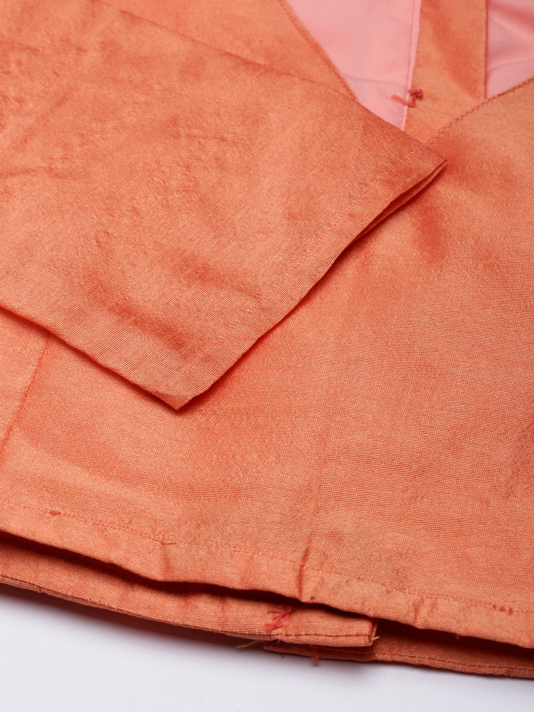 Peach Solid Three-Quarter Sleeves V-Neck Dupion Silk Knot Blouse