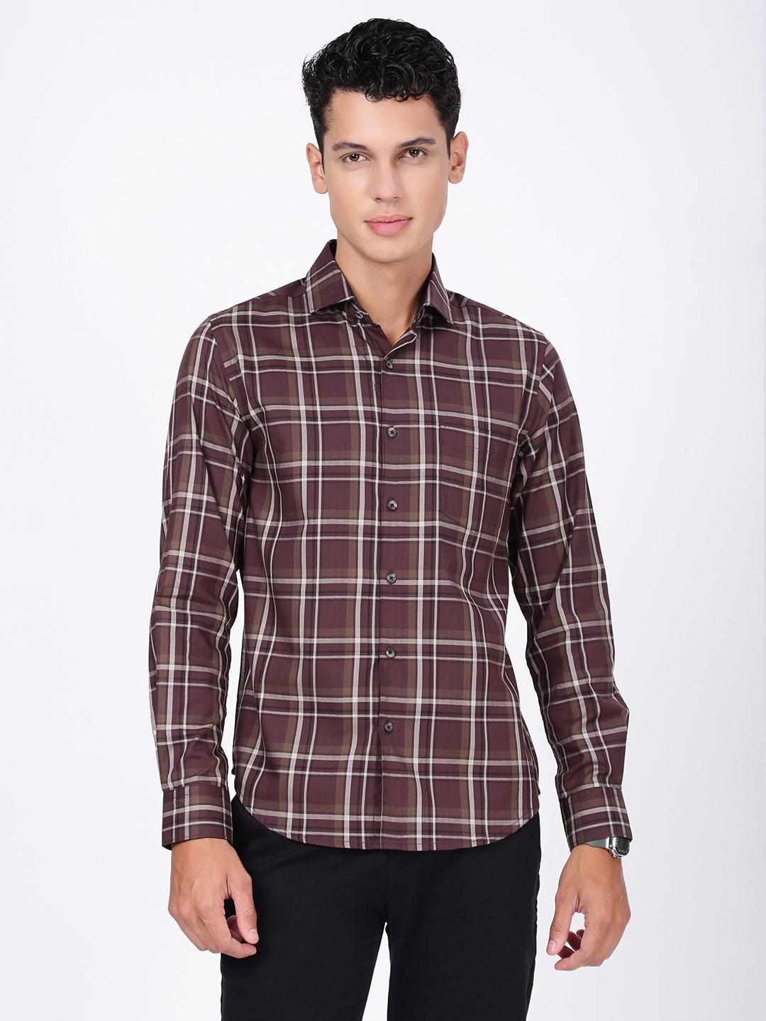 Men Brown Checked Slim Fit Formal Shirt