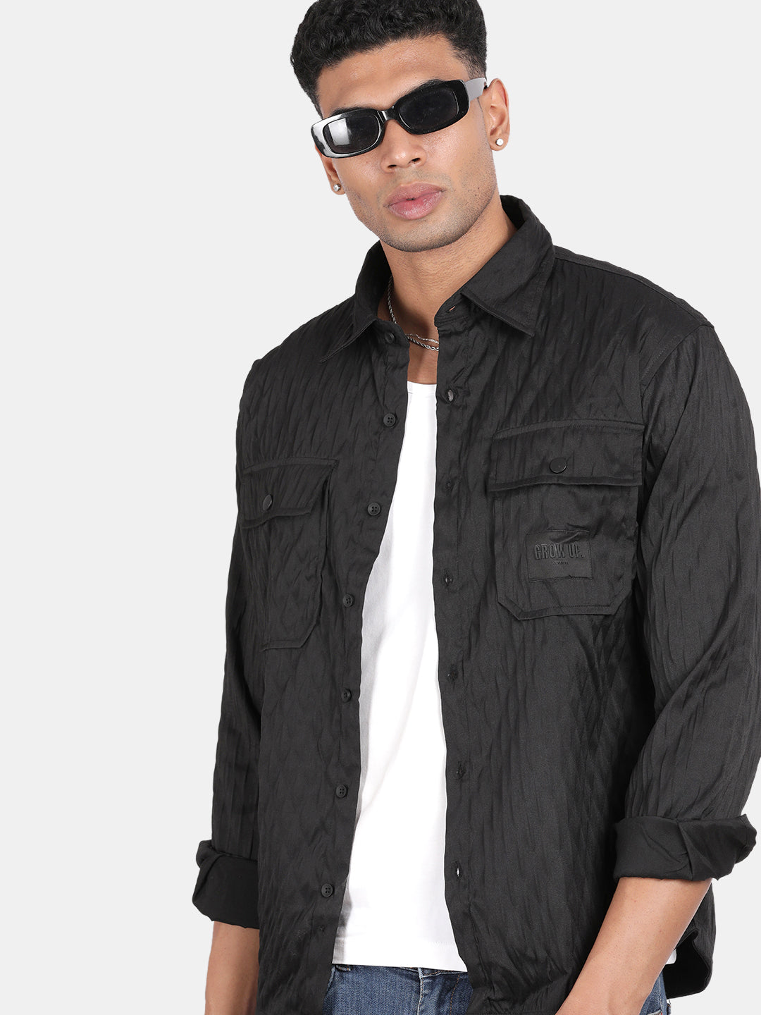 Men Black Slim Fit Spread Collar Full Sleeve Casual Shirt