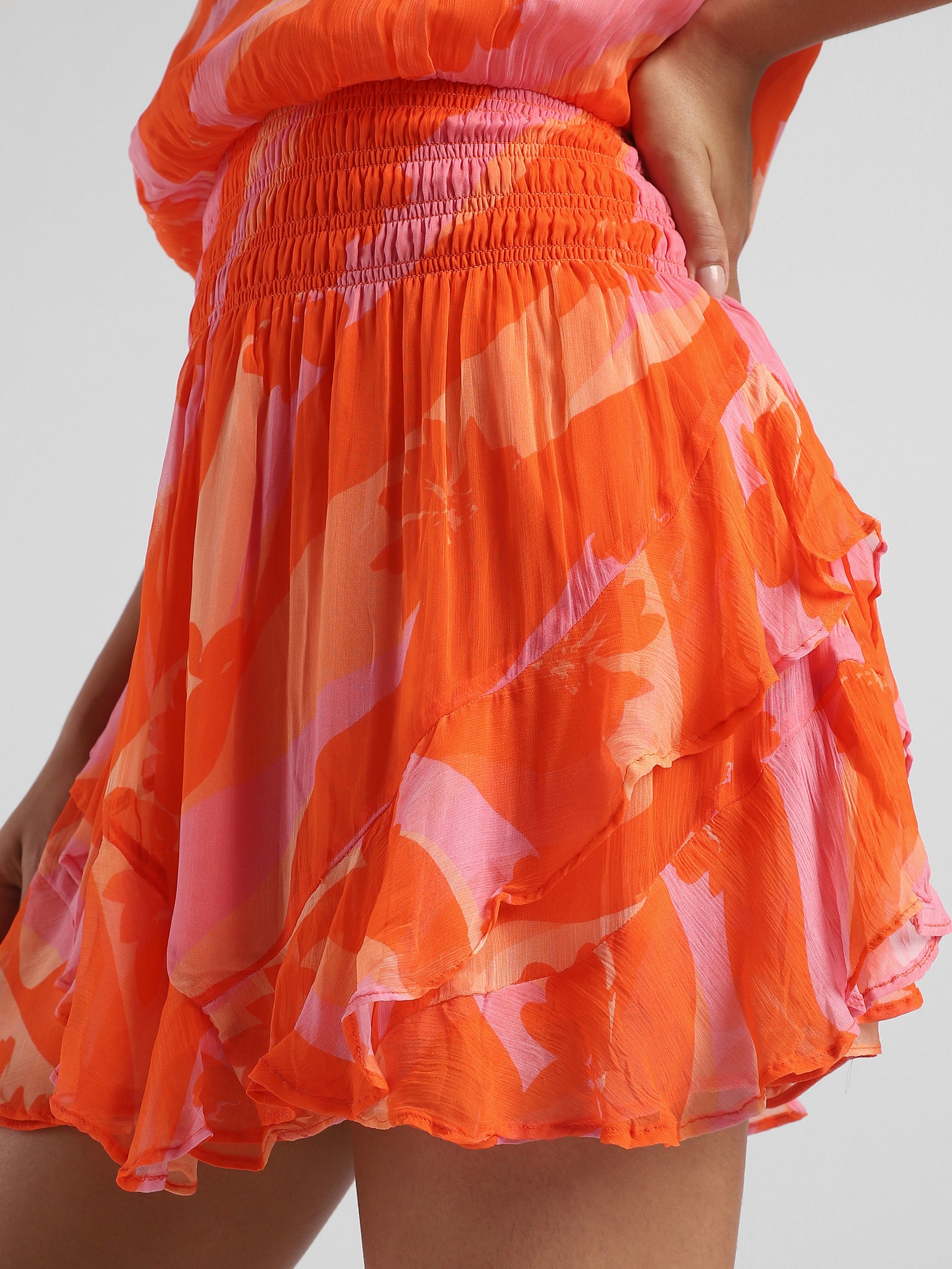 Women Orange Printed Dress with bottom frill
